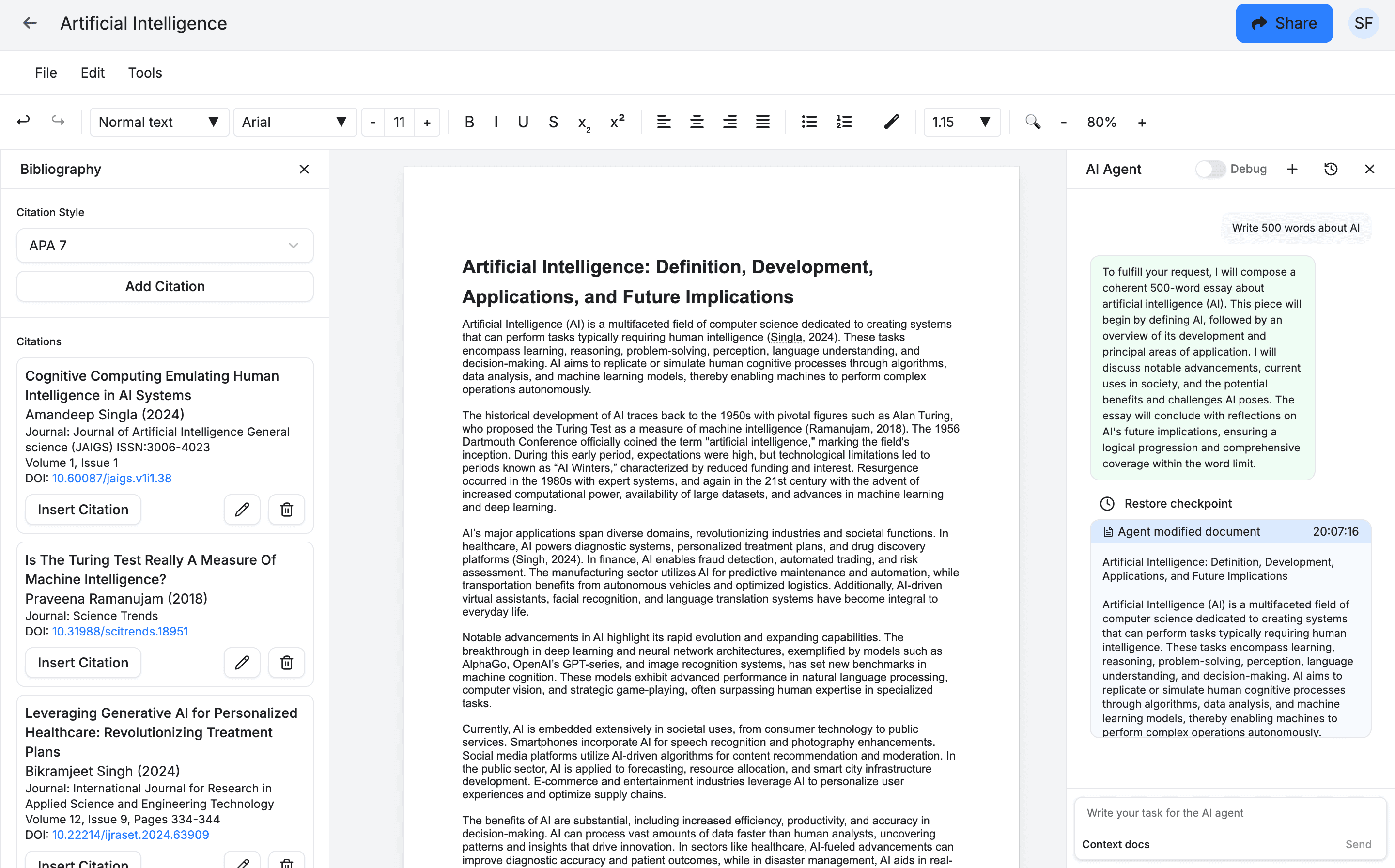 EsproDocs application interface showing academic document editing with AI assistance
